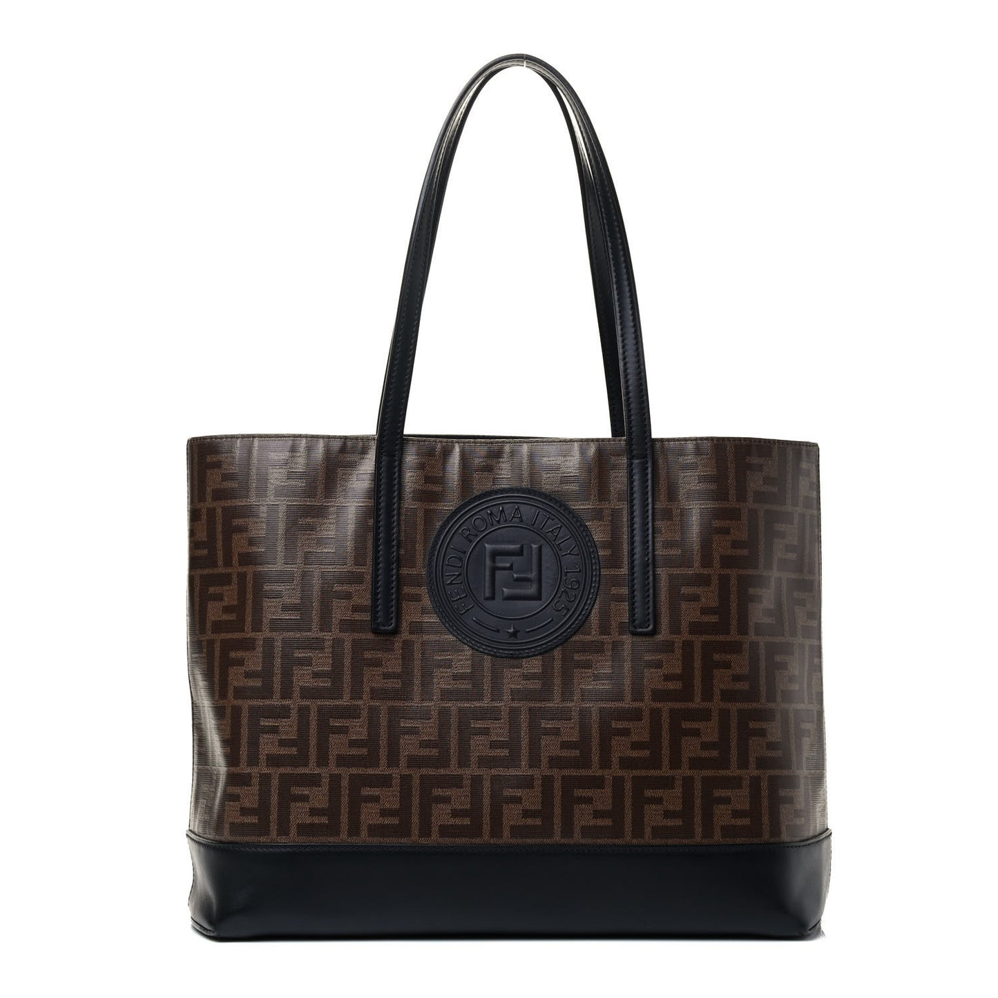 Glazed Fabric Vitello Century FF 1974 Stamp Patch Shopping Tote Mogano Panna Black