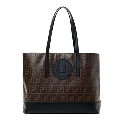 Fendi Glazed Fabric Vitello Century FF 1974 Stamp Patch Shopping Tote Mogano Panna Black 1 of 4