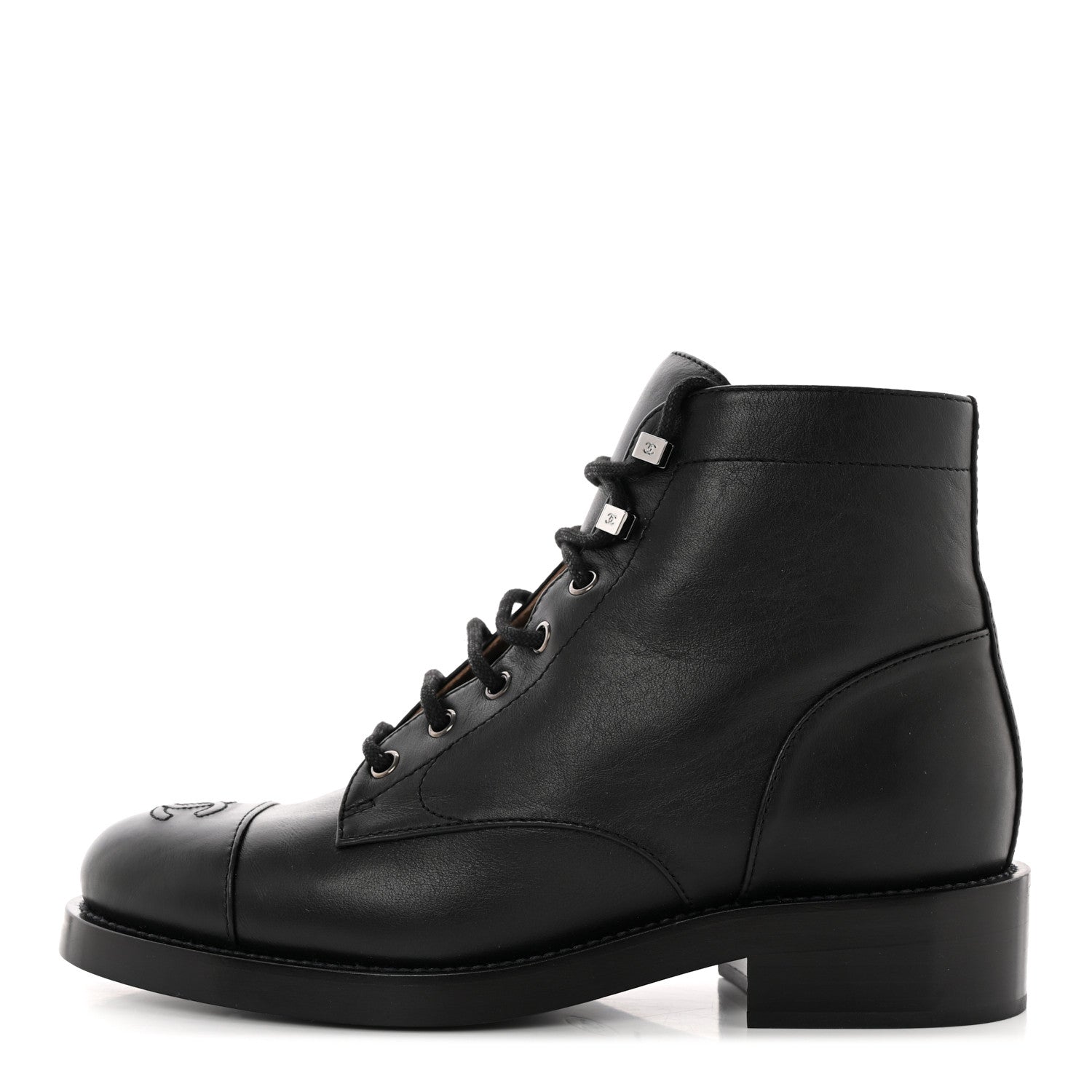 Chanel Calfskin Lace Up CC Combat Boots 38.5 Black 1 of 11