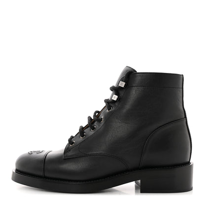Chanel Calfskin Lace Up CC Combat Boots 38.5 Black 1 of 11