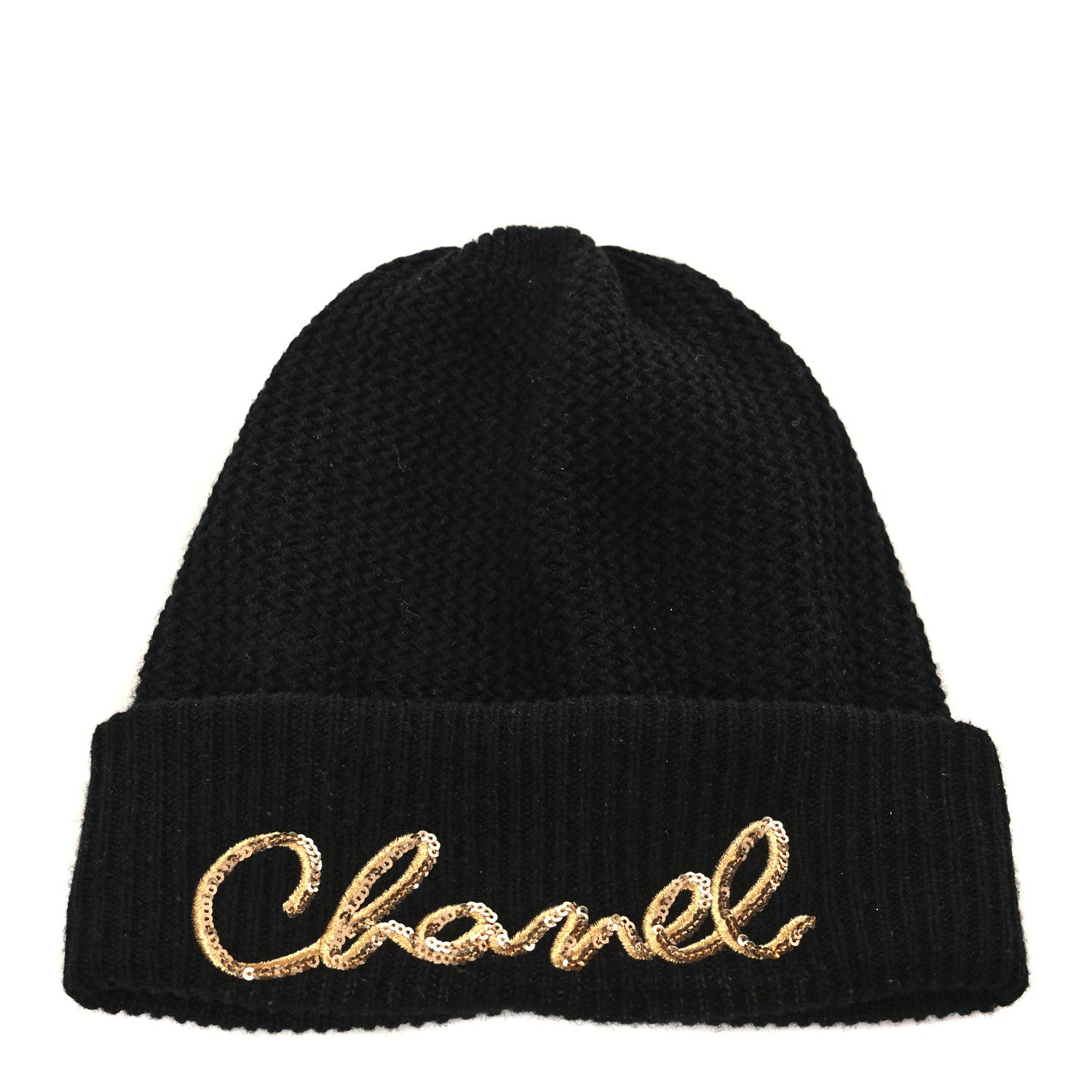 Chanel Cashmere Sequin Logo Beanie Hat Black Gold 1 of 4