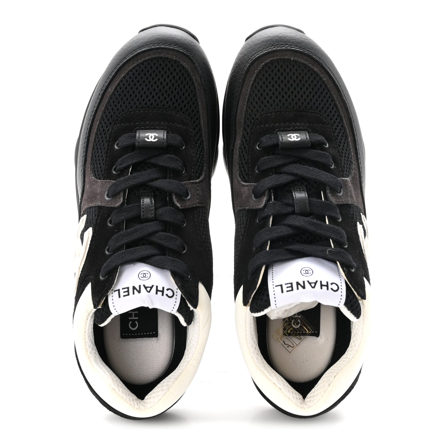 Mesh Suede Grained Calfskin Womens CC Sneakers 37.5 Black White