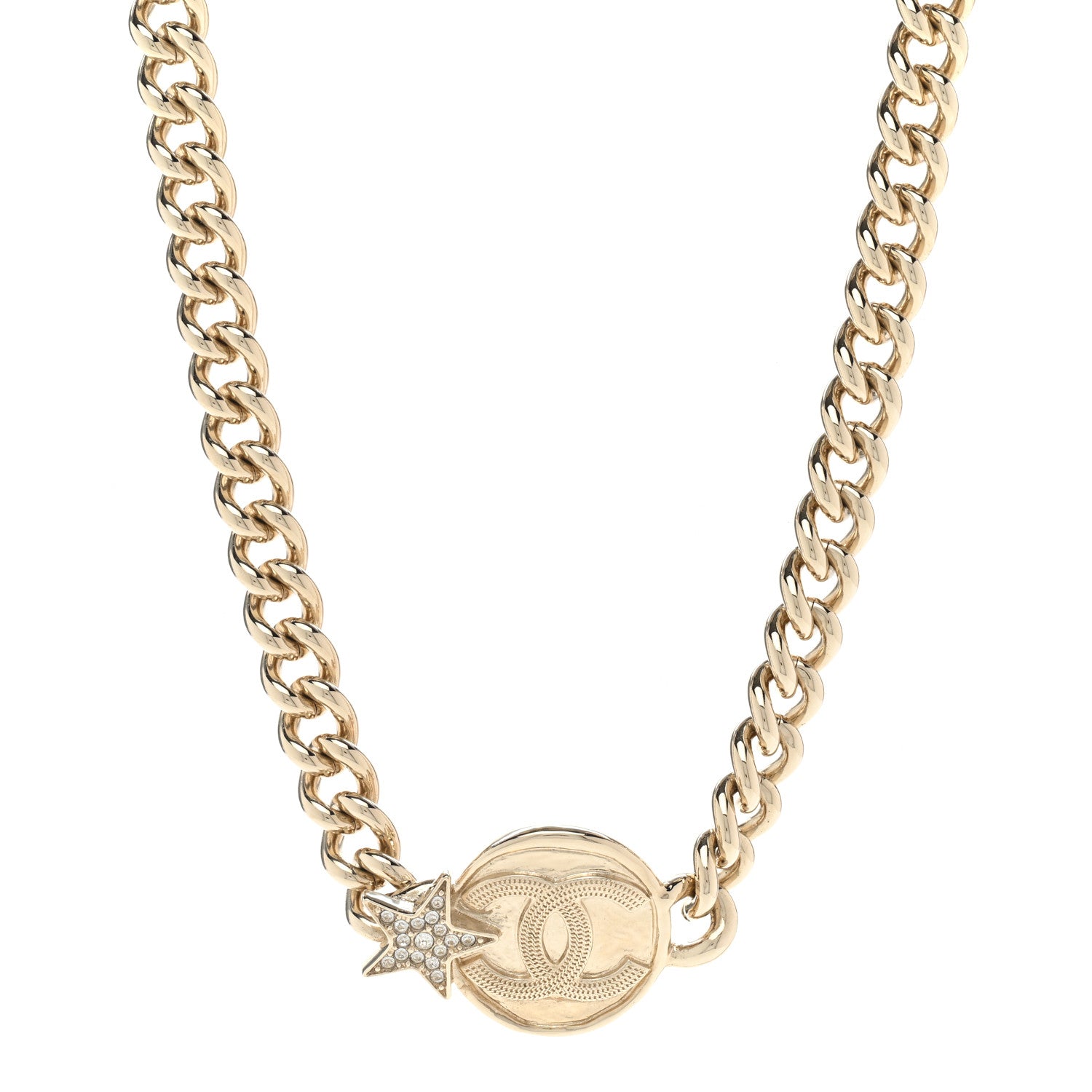 Chanel Metal Crystal Textured CC Star Chain Choker Necklace Gold 1 of 6