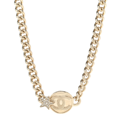 Chanel Metal Crystal Textured CC Star Chain Choker Necklace Gold 1 of 6