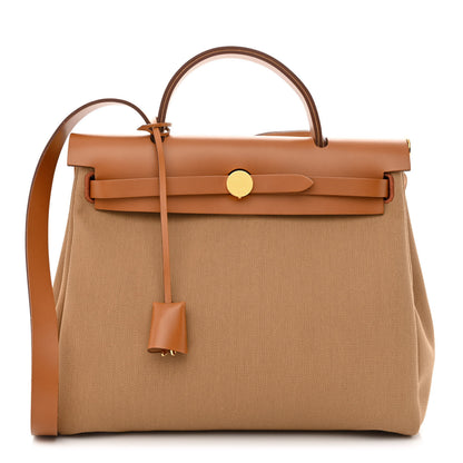 Hermes Military Toile Vache Hunter Herbag Zip Retourne 31 PM Chai Fauve 3 of 12