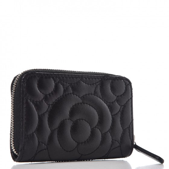 Chanel Lambskin Camellia Zip Around Coin Purse Wallet Black 3 of 8