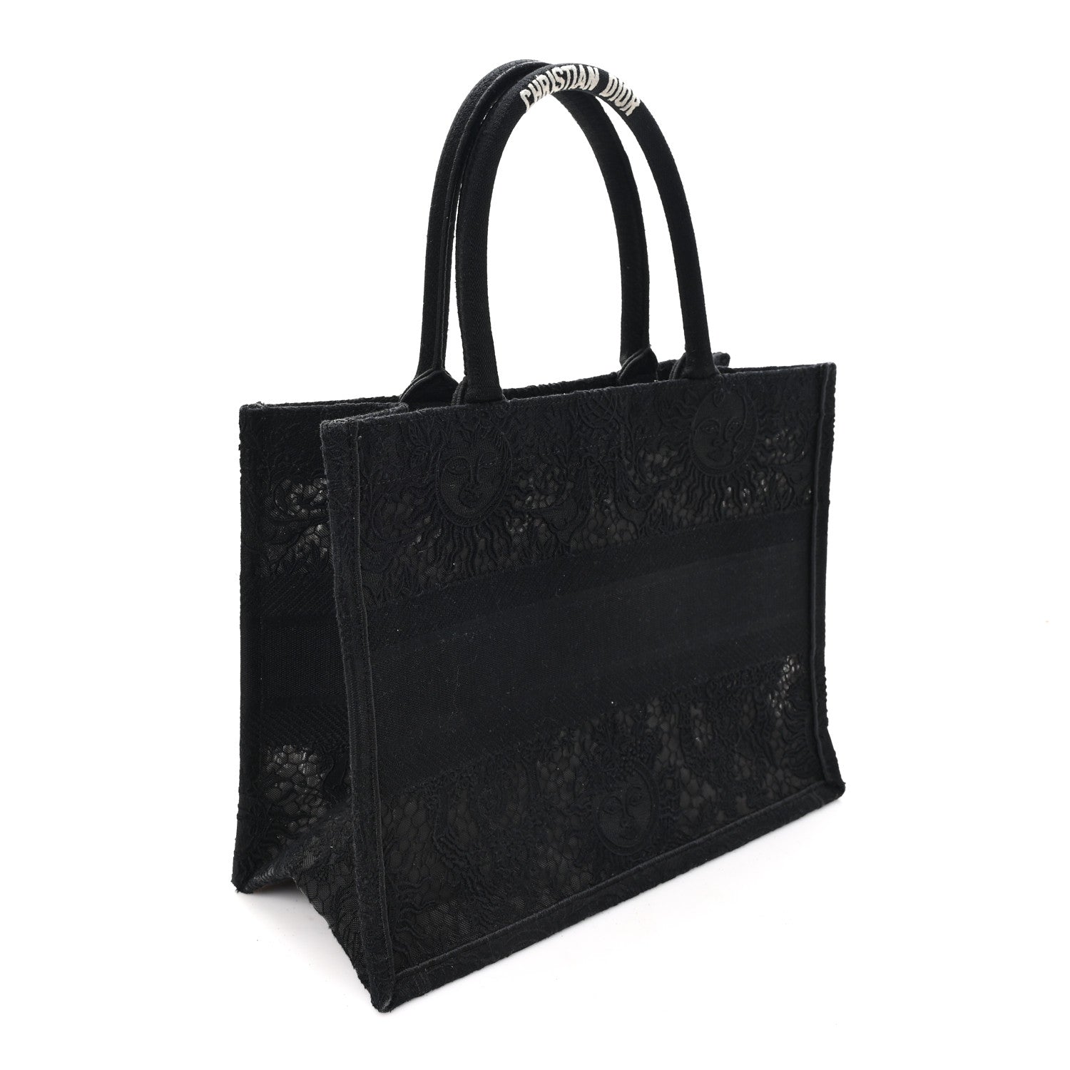 Christian Dior Canvas Embroidered Mesh Macrame Medium Toile de Jouy Soleil Book Tote Black 2 of 9