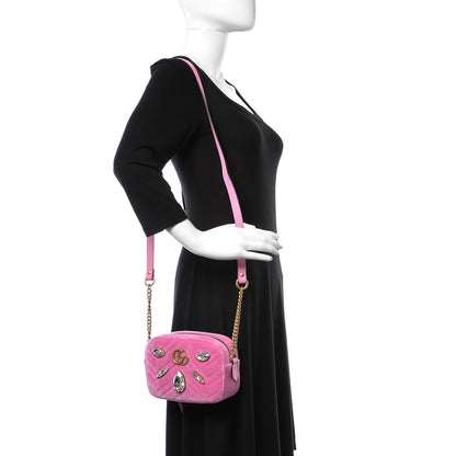 Gucci Velvet Matelasse Marquise Crystals Mini GG Marmont Chain Shoulder Bag Malva 2 of 9