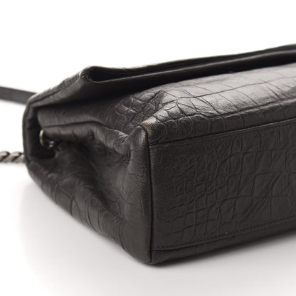 Saint Laurent Calfskin Crocodile Embossed Medium West Hollywood Monogram Fold-Over Dark Brown 7 of 12