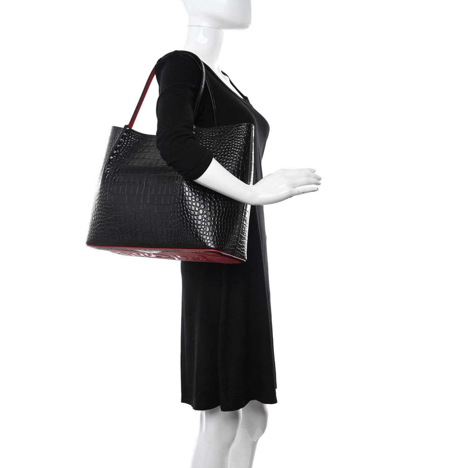 Christian Louboutin Crocodile Embossed Calfskin Spiked Cabarock Shopper Tote Black 2 of 9