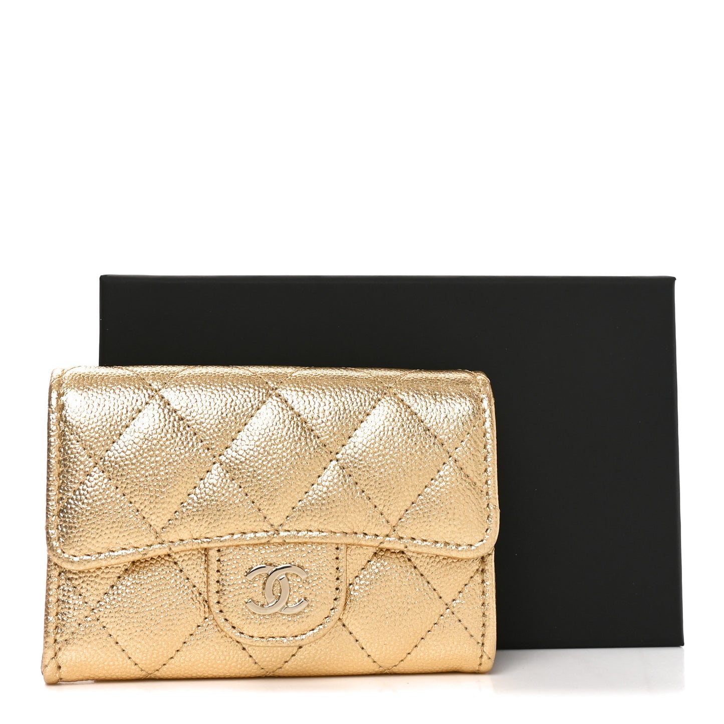 Metallic Caviar Quilted Flap Card Holder Wallet Gold