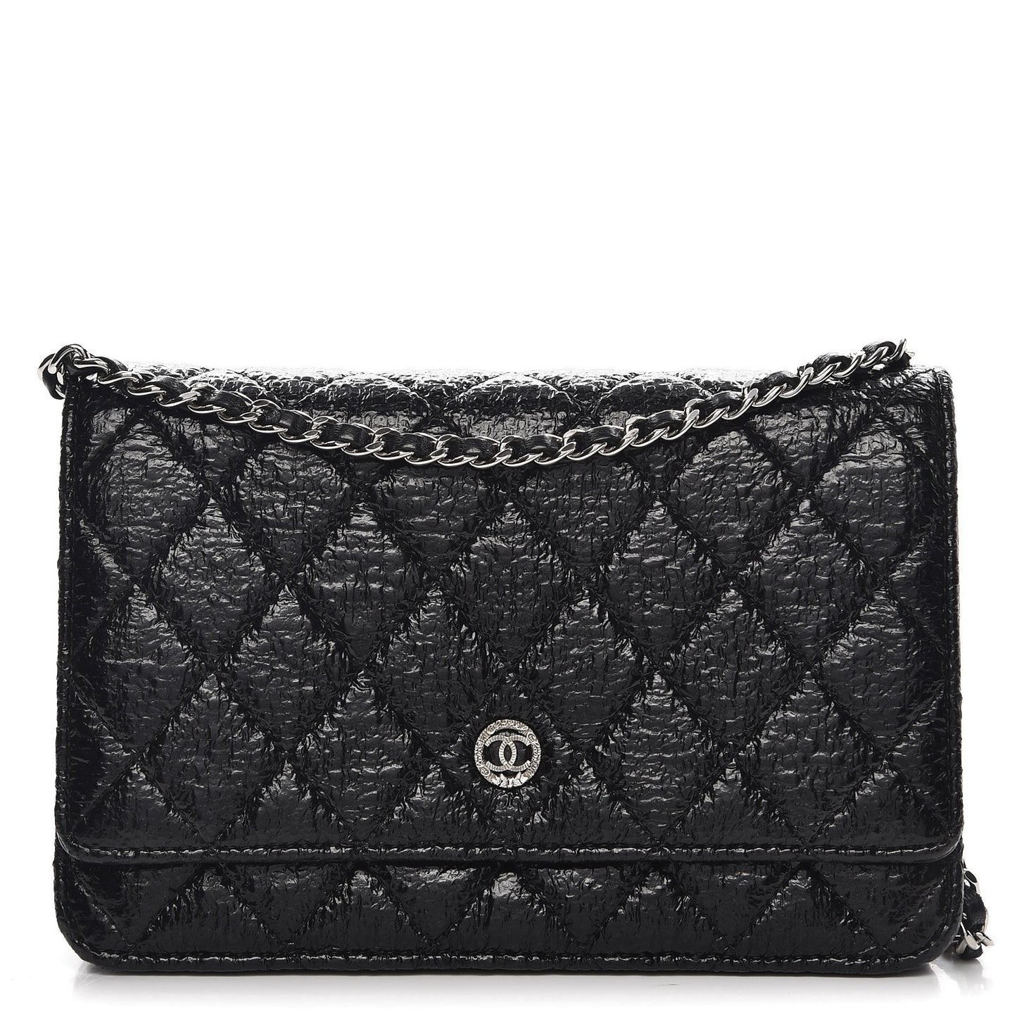 Distressed Patent Calfskin Quilted Wallet on Chain WOC Black