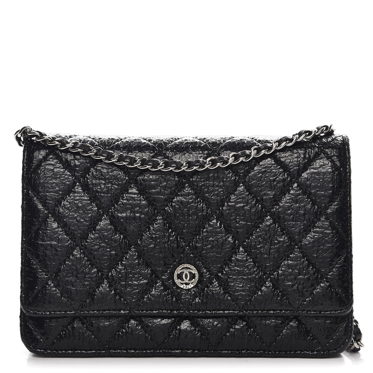 Chanel Distressed Patent Calfskin Quilted Wallet on Chain WOC Black 1 of 8