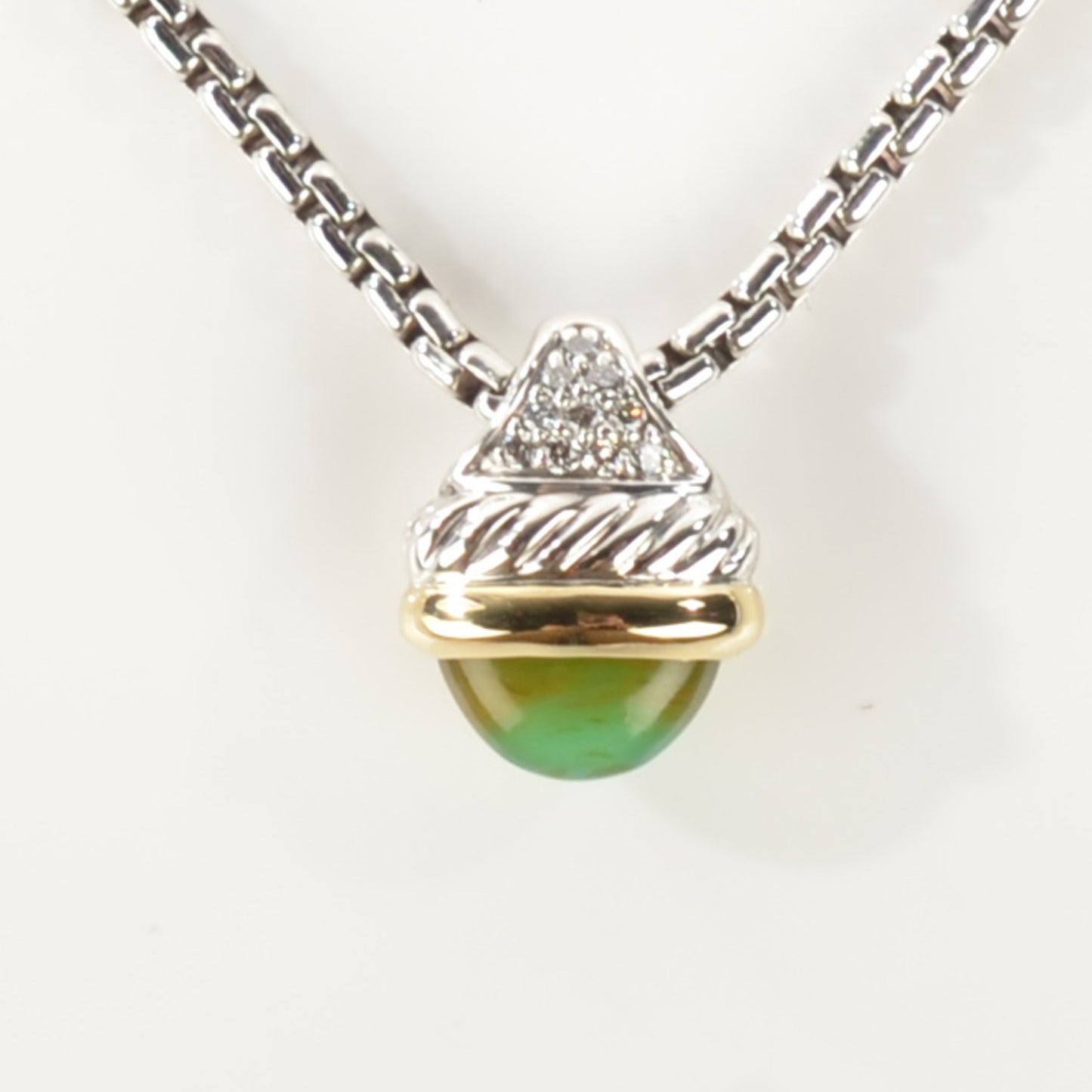 Sterling Silver 18K Yellow Gold Pave Diamond Emerald Acorn Pendant Necklace