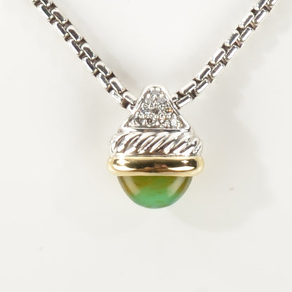 David Yurman Sterling Silver 18K Yellow Gold Pave Diamond Emerald Acorn Pendant Necklace 3 of 5