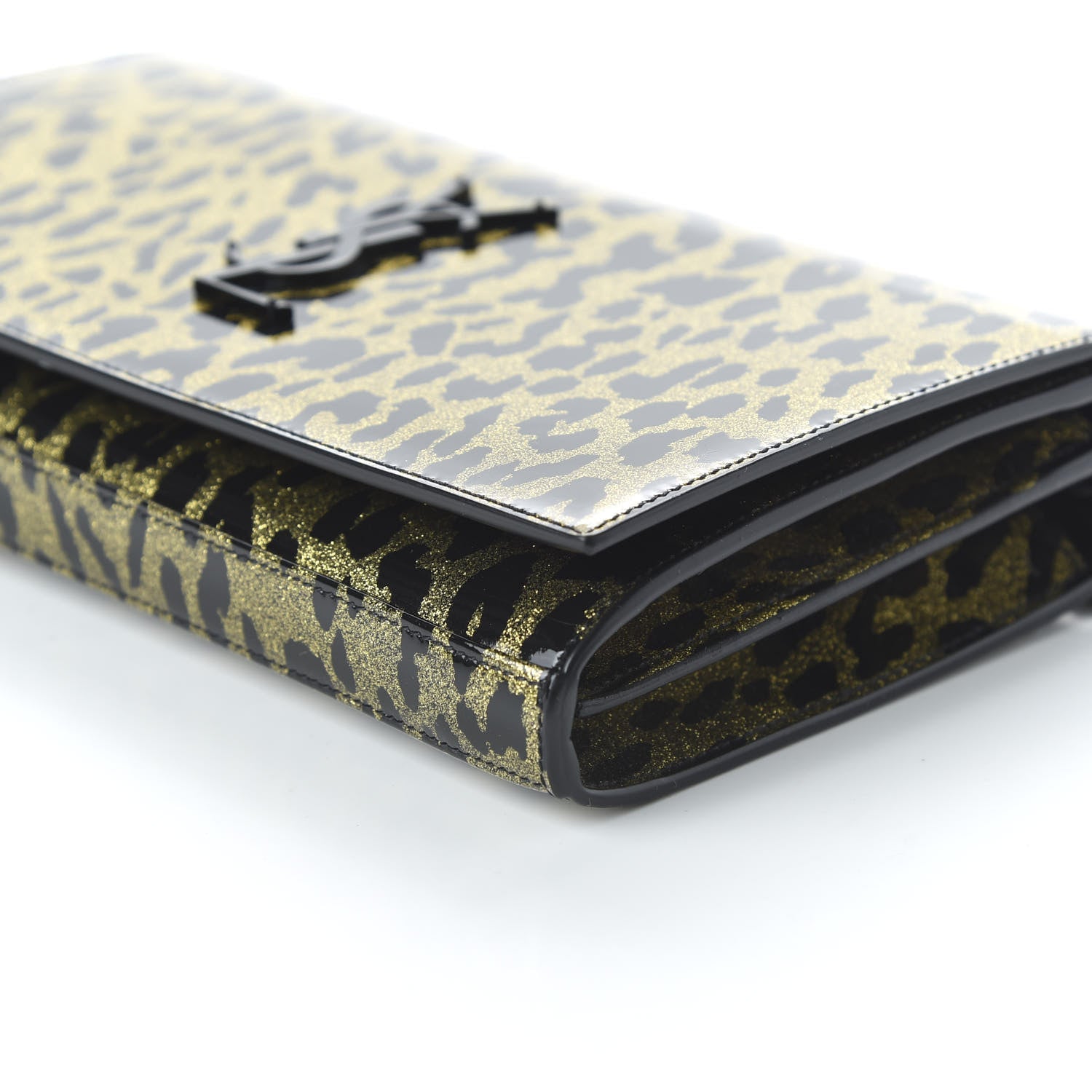 Saint Laurent Patent Leopard Print Monogram Chain Wallet Black Gold 7 of 9
