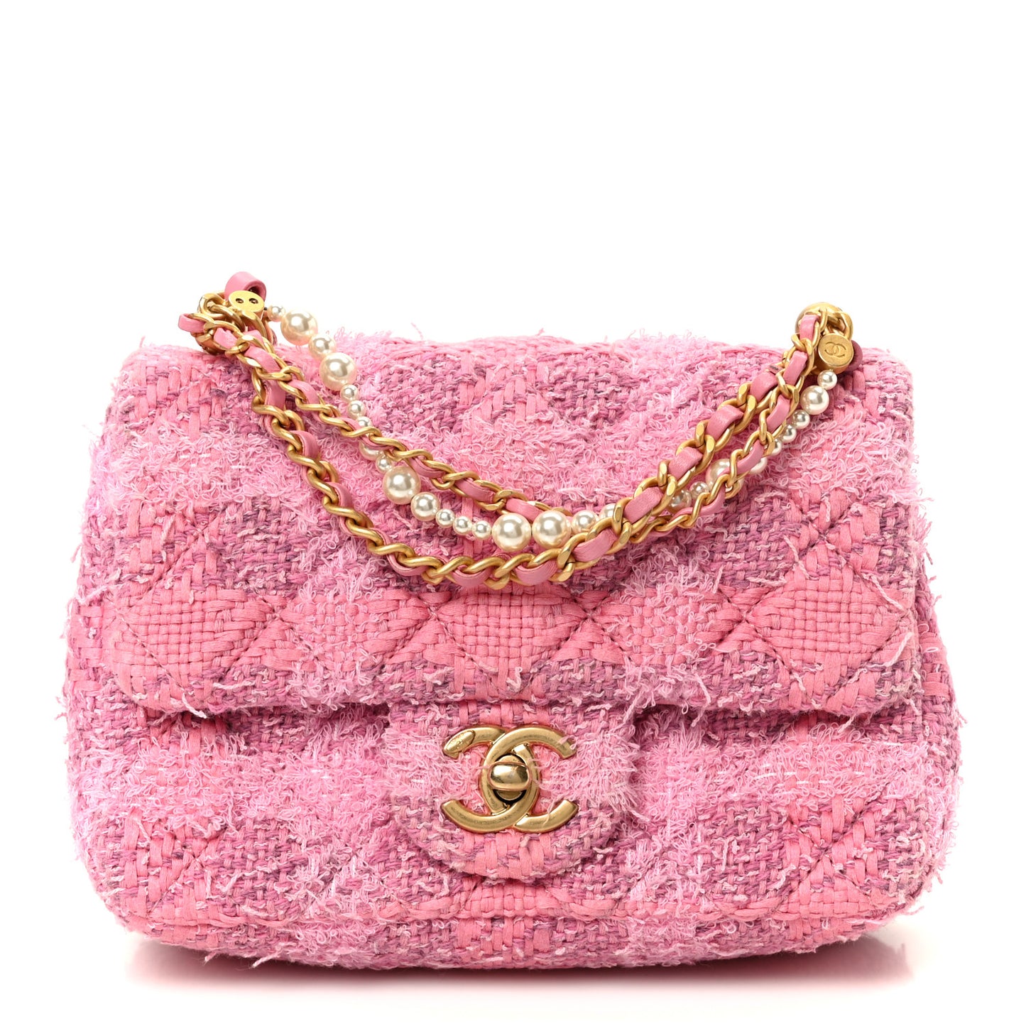 Tweed Quilted Pearl Twist Mini Square Flap Pink Dark Pink