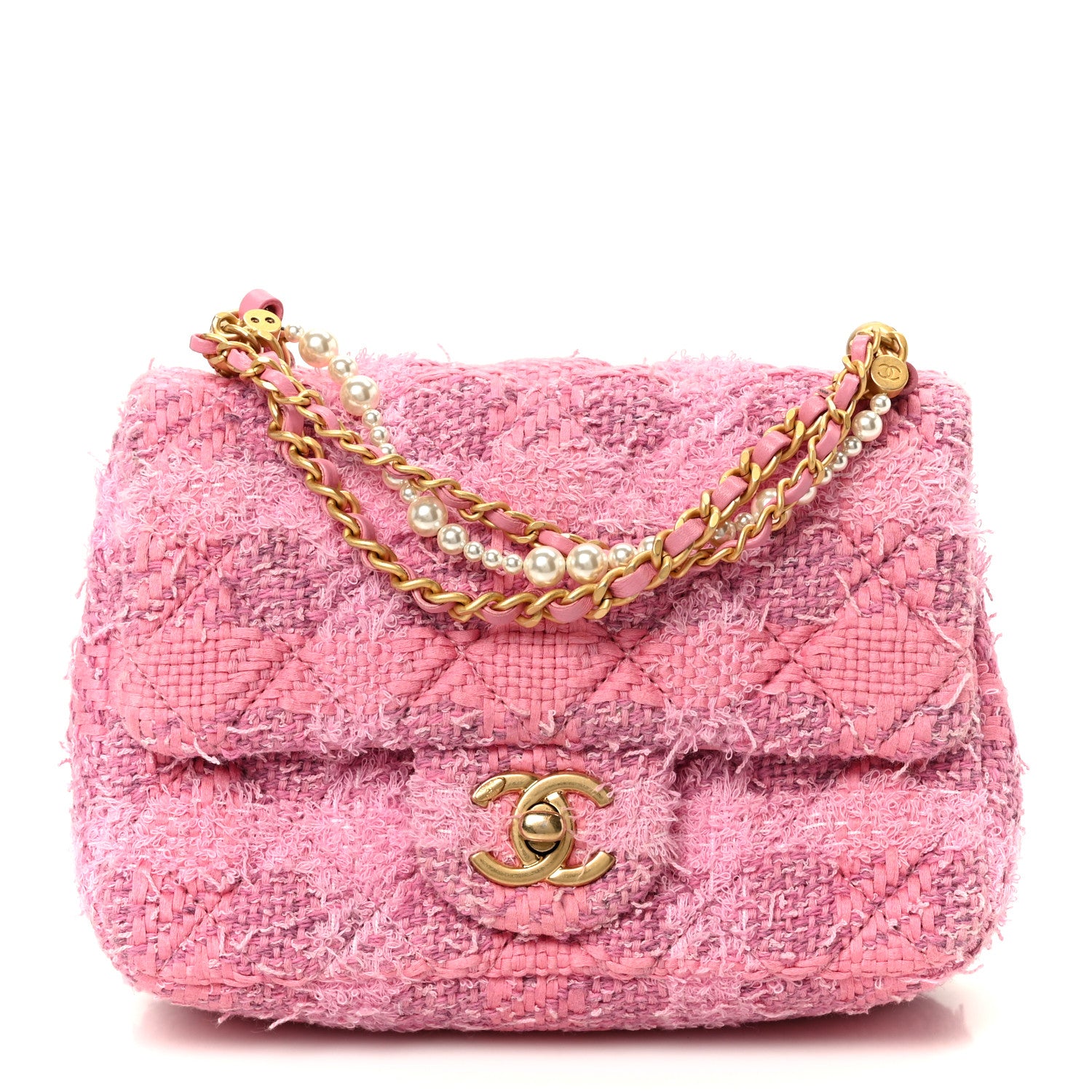 Chanel Tweed Quilted Pearl Twist Mini Square Flap Pink Dark Pink 1 of 12