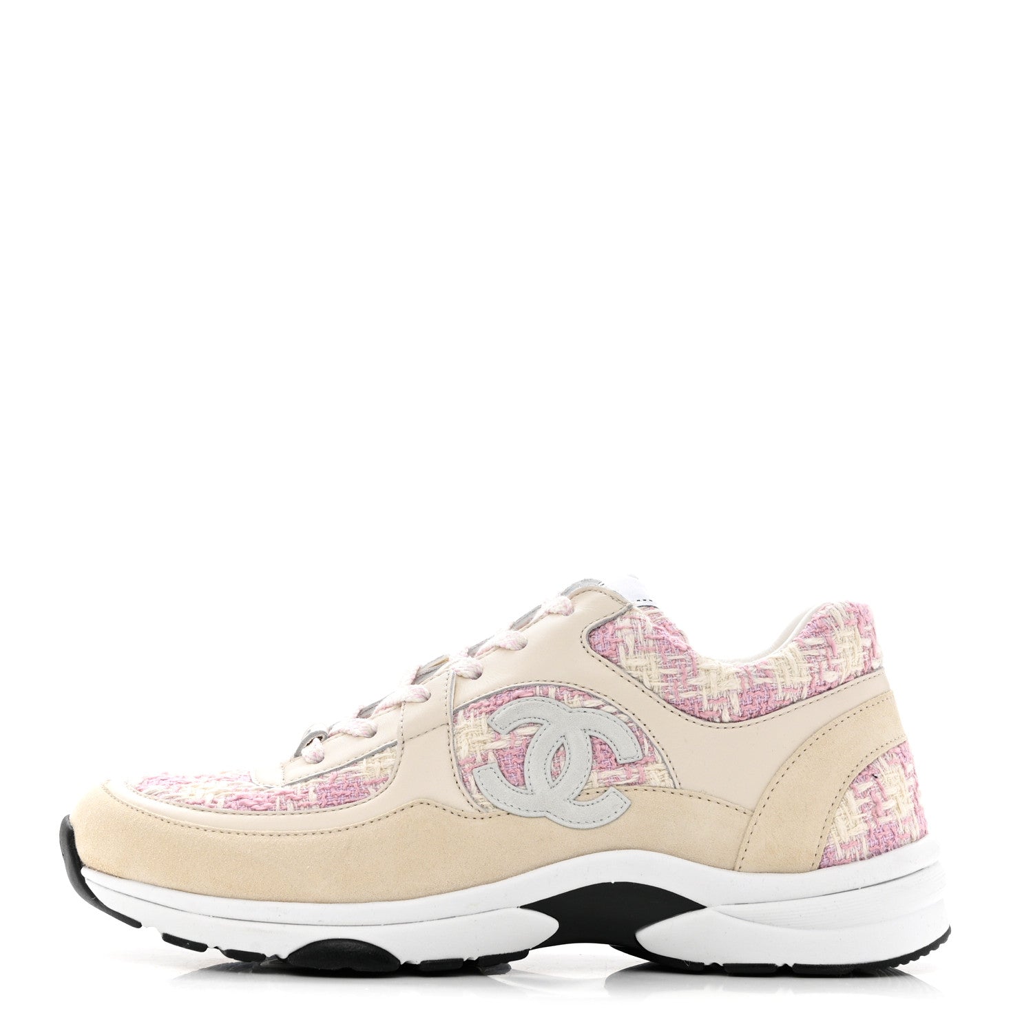 Chanel Tweed Suede Calfskin Womens CC Sneakers 39.5 Pink Ecru 1 of 7
