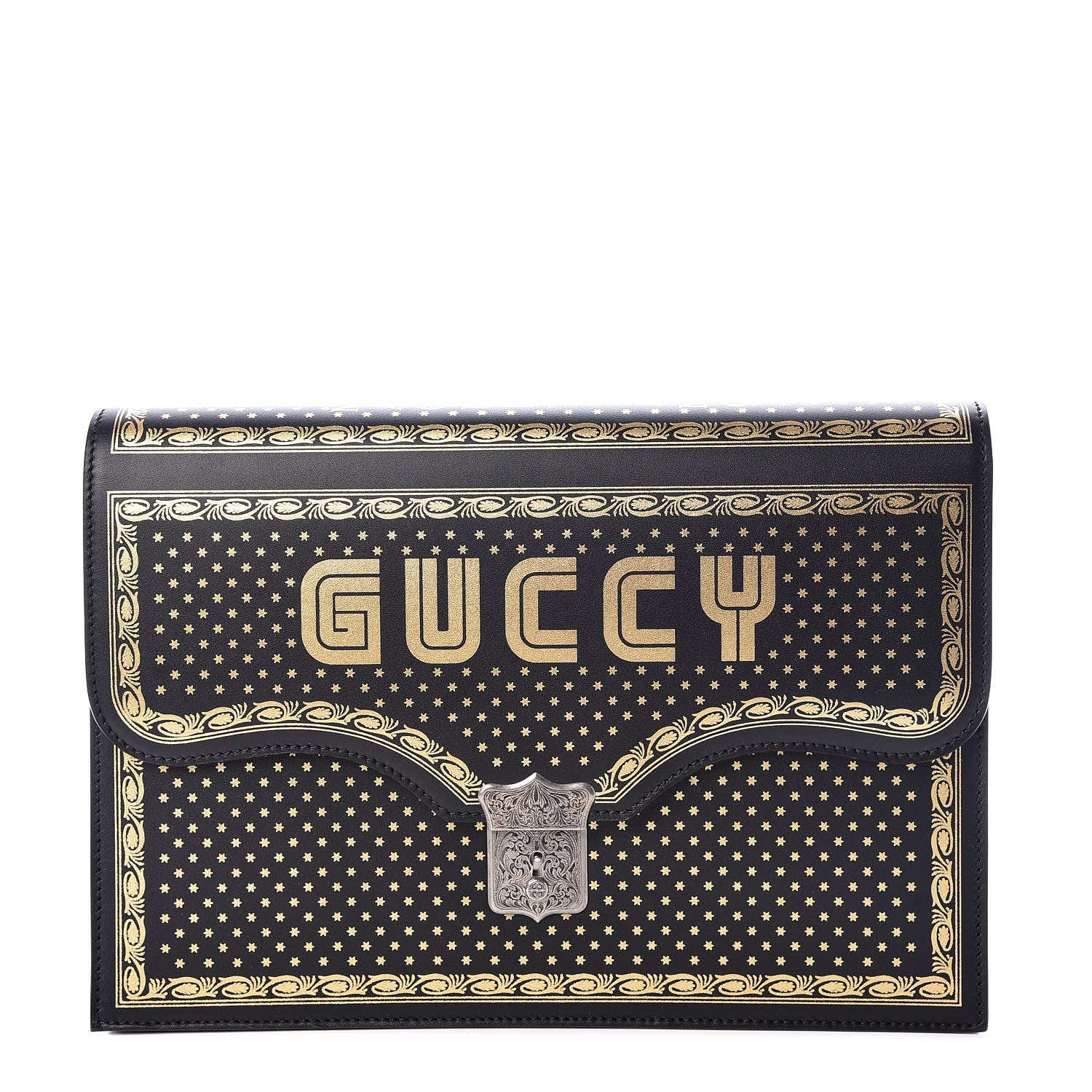 Gucci X SEGA Calfskin GUCCY Stars Portfolio Bag Black Gold 1 of 11