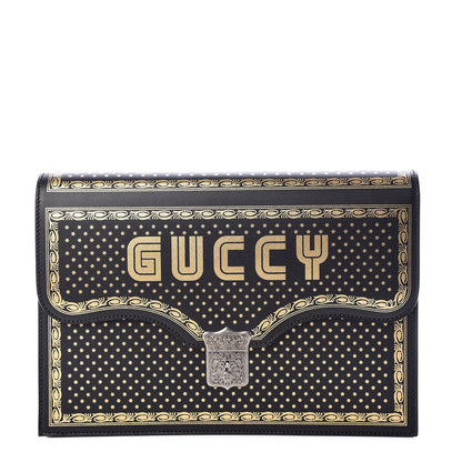 Gucci X SEGA Calfskin GUCCY Stars Portfolio Bag Black Gold 1 of 11