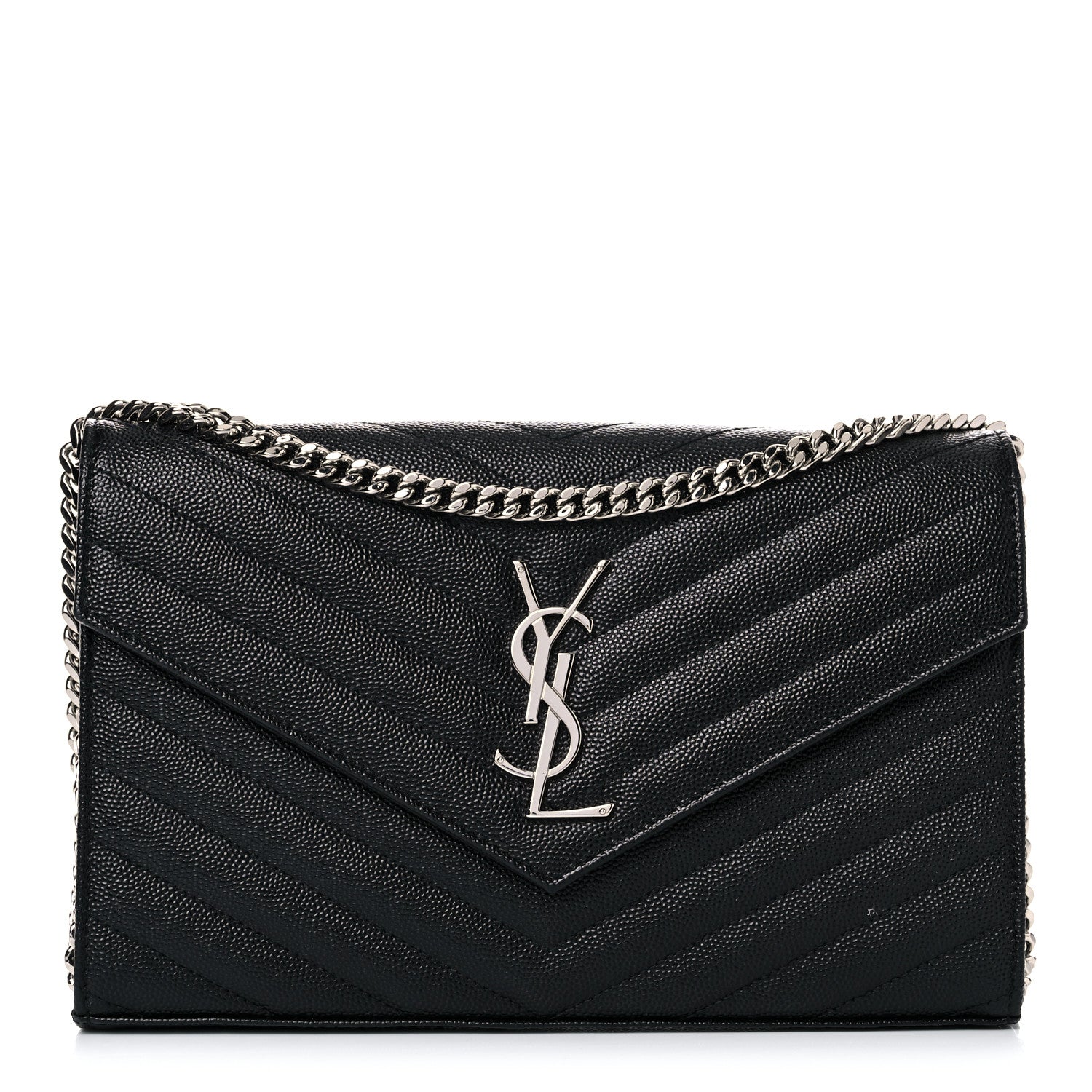 Saint Laurent Grain De Poudre Matelasse Chevron Monogram Chain Wallet Black 1 of 14