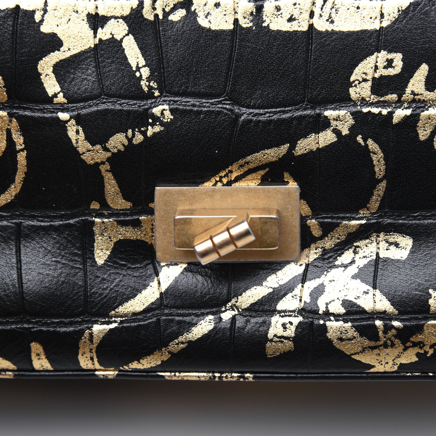 Chanel Calfskin Crocodile Embossed Graffiti 2.55 Mini Cocodile Reissue Flap Black Gold 17 of 21