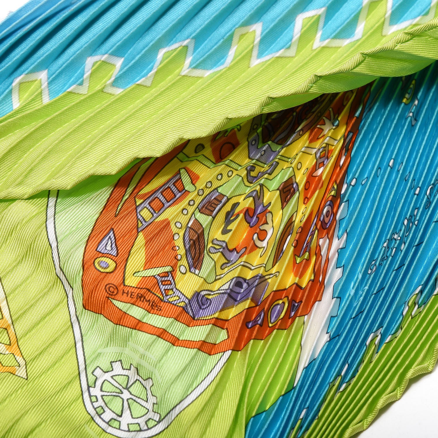 Hermes Silk Plisse La Mecanique Des Idees Scarf 90 Vert Anis Turquoise Turquoise Claire 8 of 8