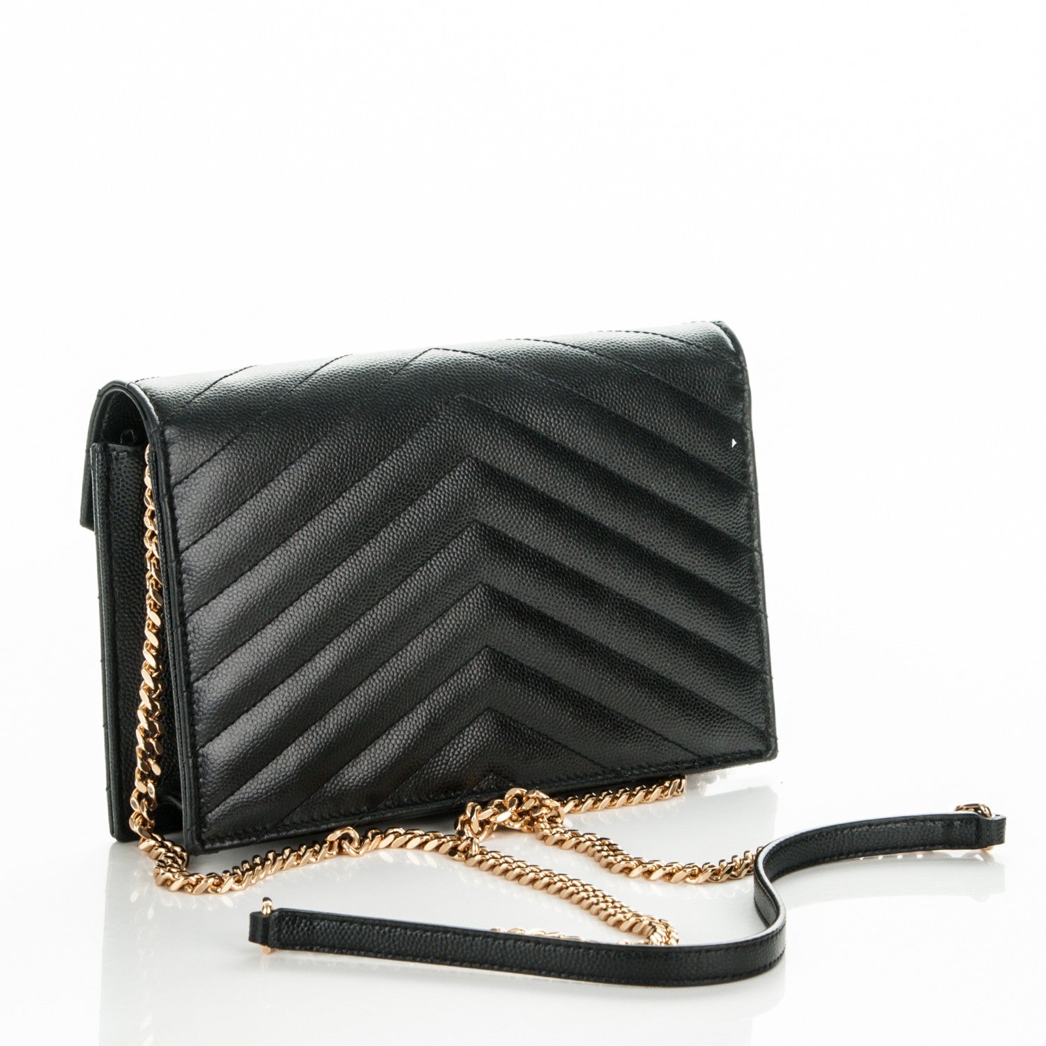 Saint Laurent Grain De Poudre Matelasse Chevron Monogram Envelope Chain Wallet Black 3 of 6