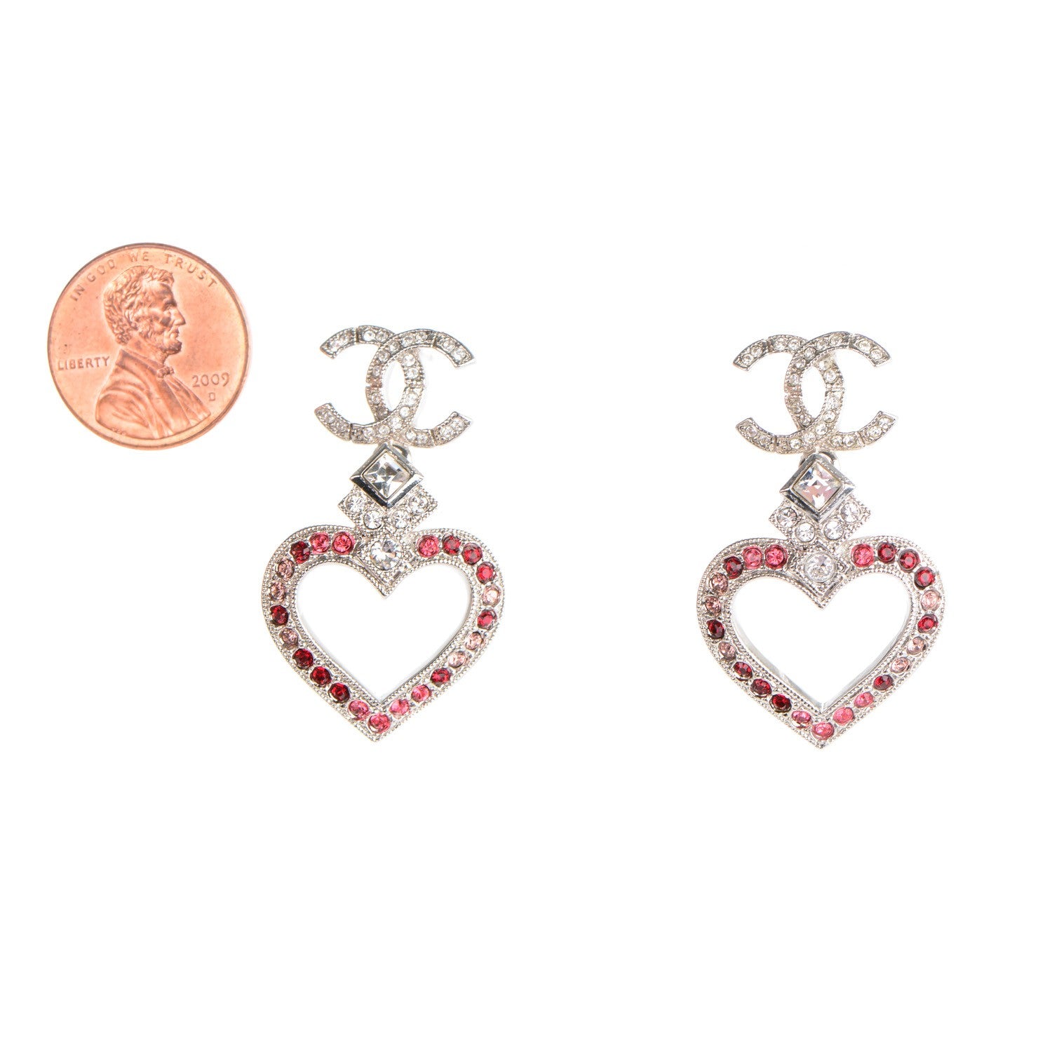 Chanel Crystal Heart CC Drop Earrings Silver 2 of 5