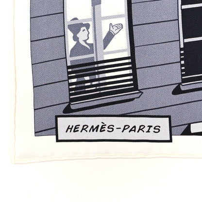 Hermes Silk Minuit Au Faubourg Scarf 70 White Gris Black 3 of 5