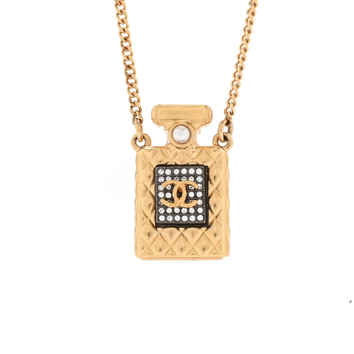 Crystal Pearl Perfume Bottle CC Necklace Black Gold