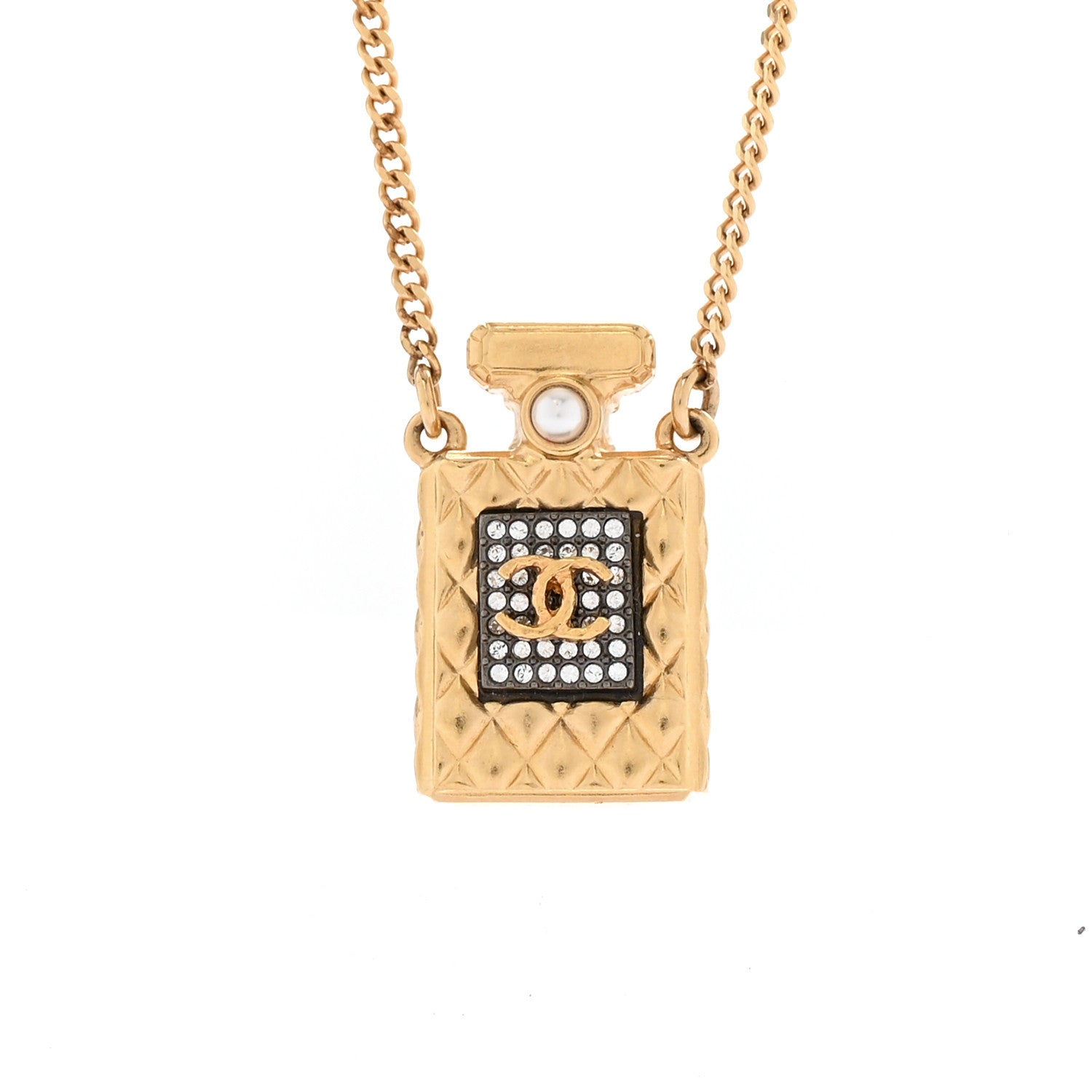 Chanel Crystal Pearl Perfume Bottle CC Necklace Black Gold 4 of 6