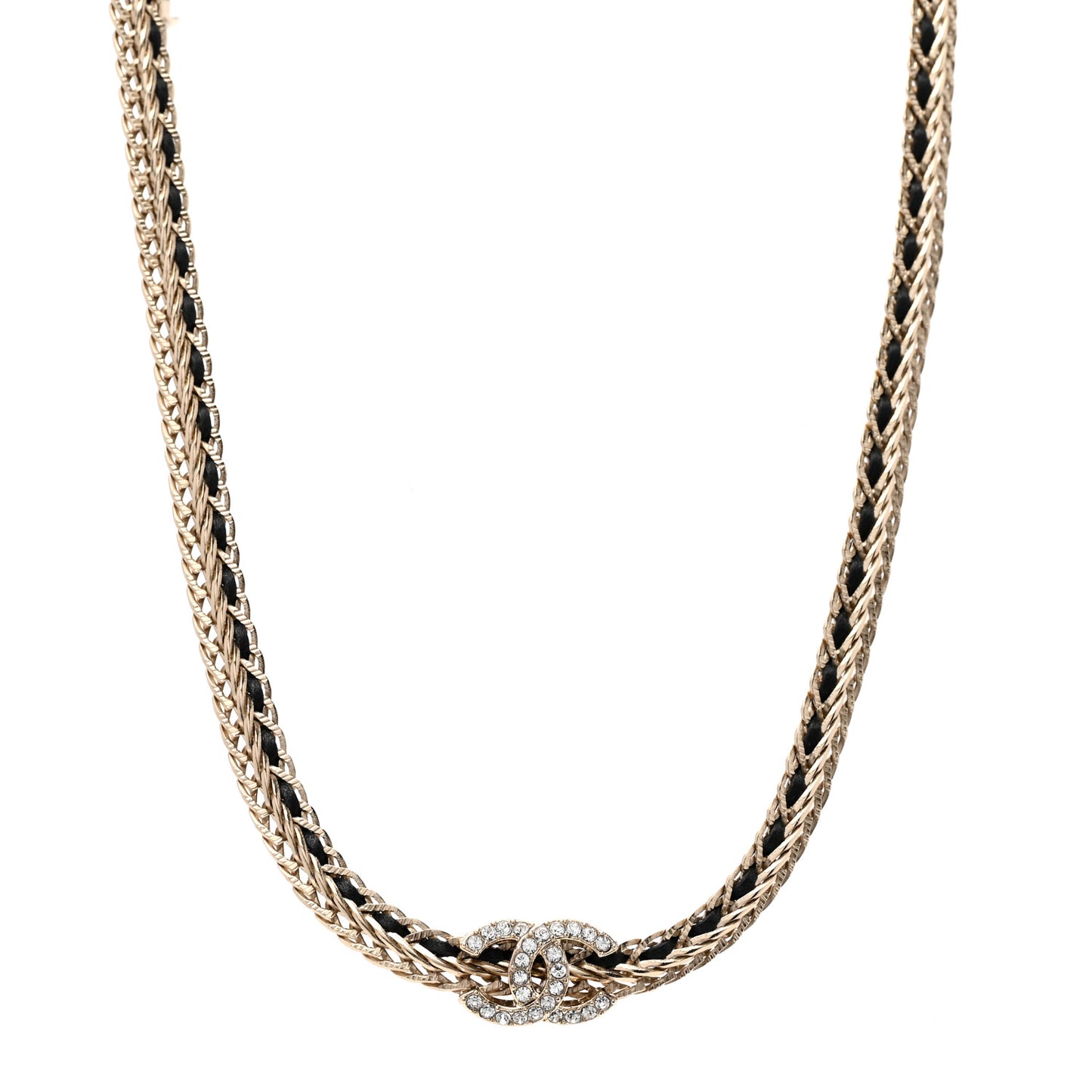Metal Lambskin Crystal Chain CC Necklace Black Gold