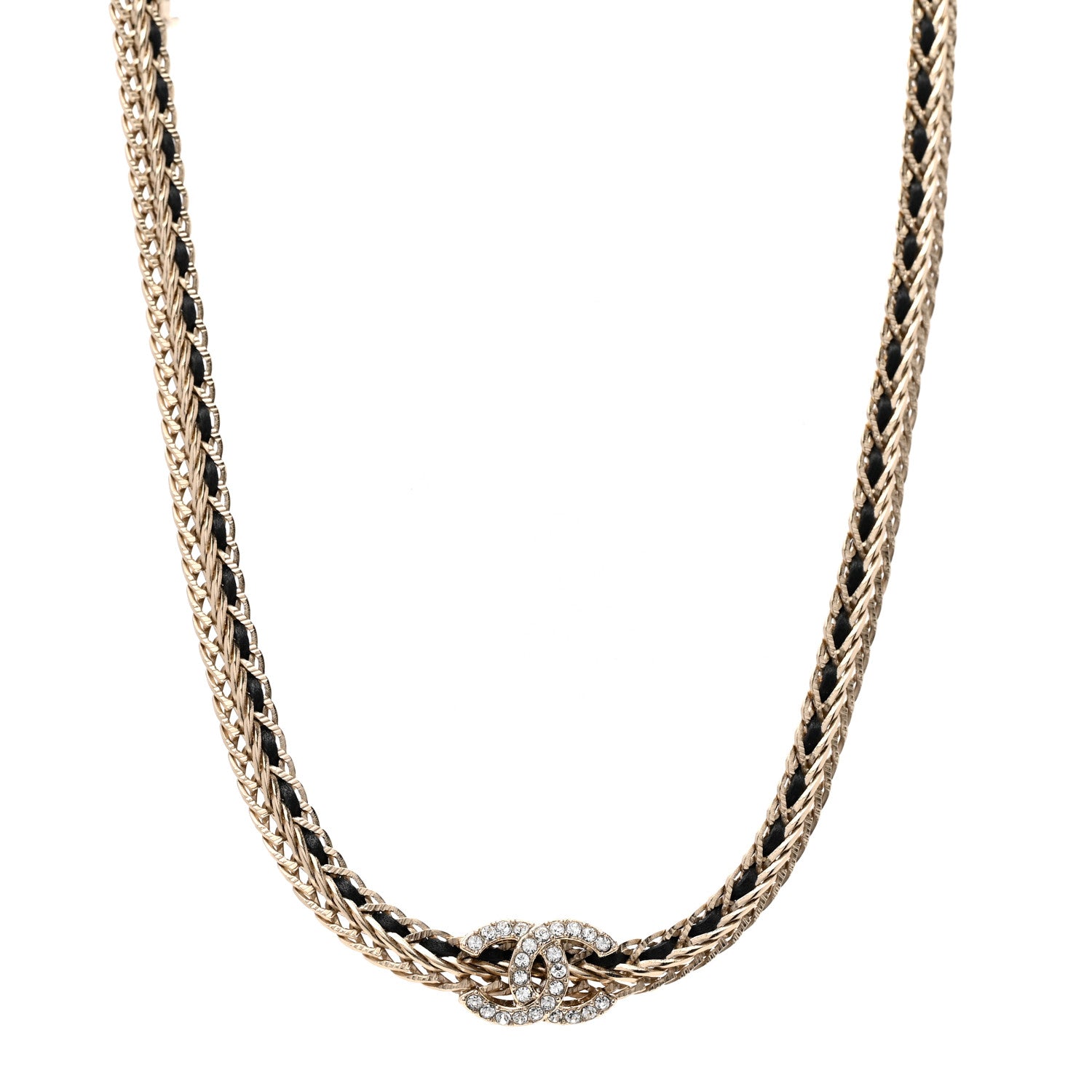 Chanel Metal Lambskin Crystal Chain CC Necklace Black Gold 1 of 6