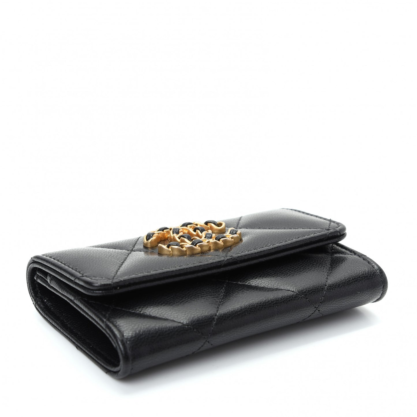 Shiny Goatskin Quilted Chanel 19 Flap Card Holder Black