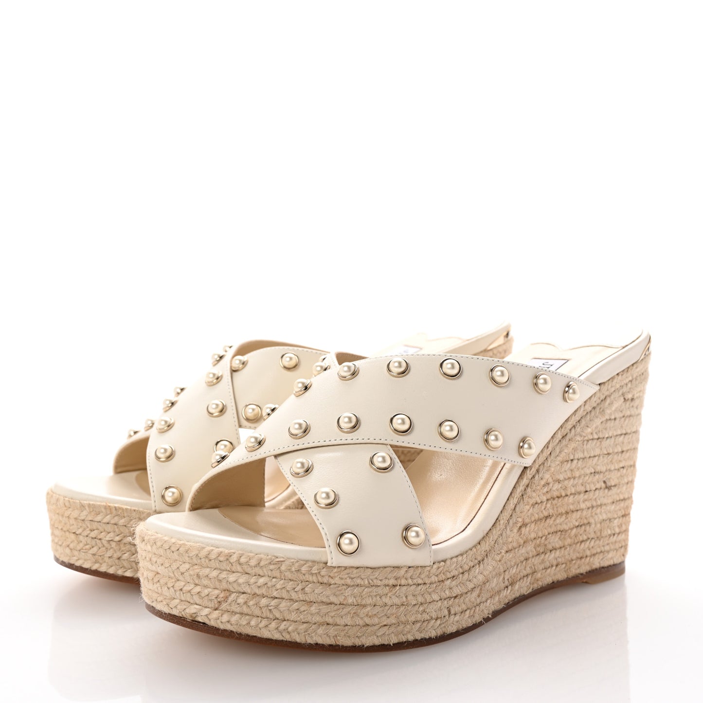 Nappa Pearl Studded Dovina 100 Espadrille Wedge Sandals 38 Latte