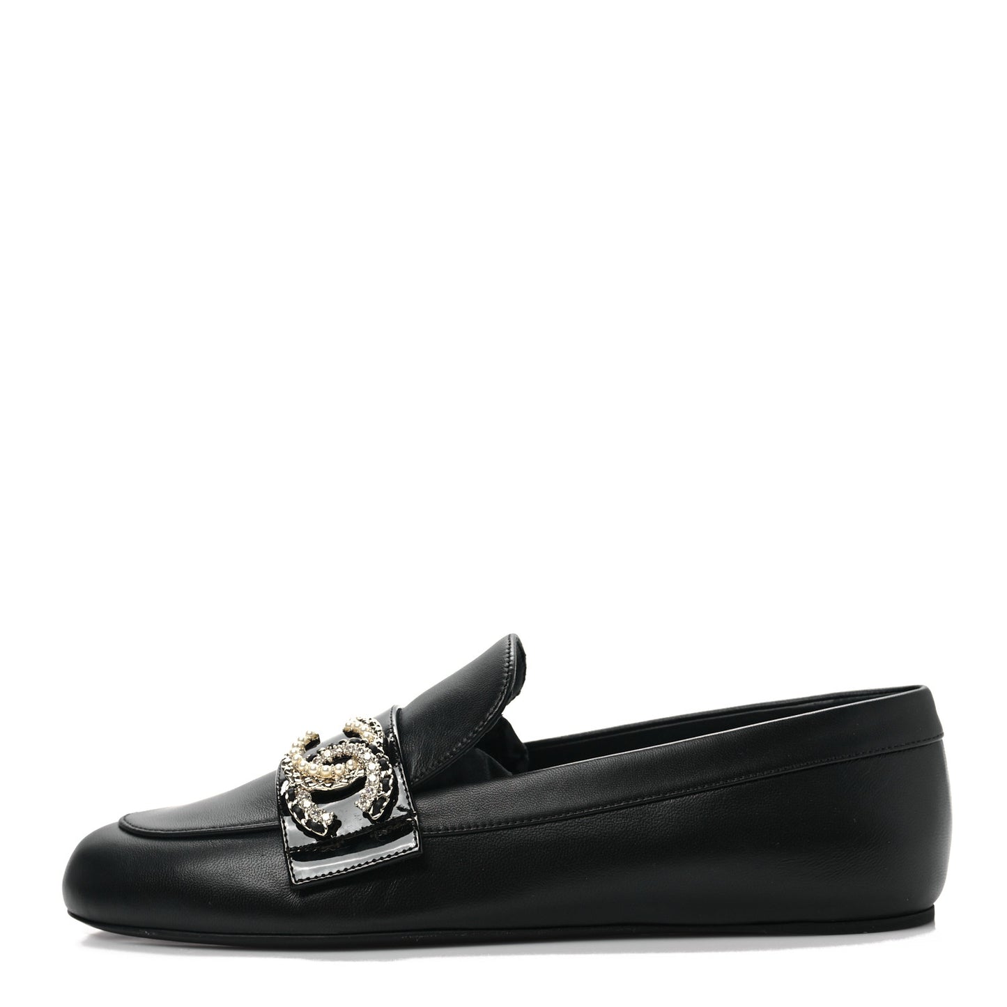 Patent Calfskin Lambskin Crystal CC Loafers 37.5 Black