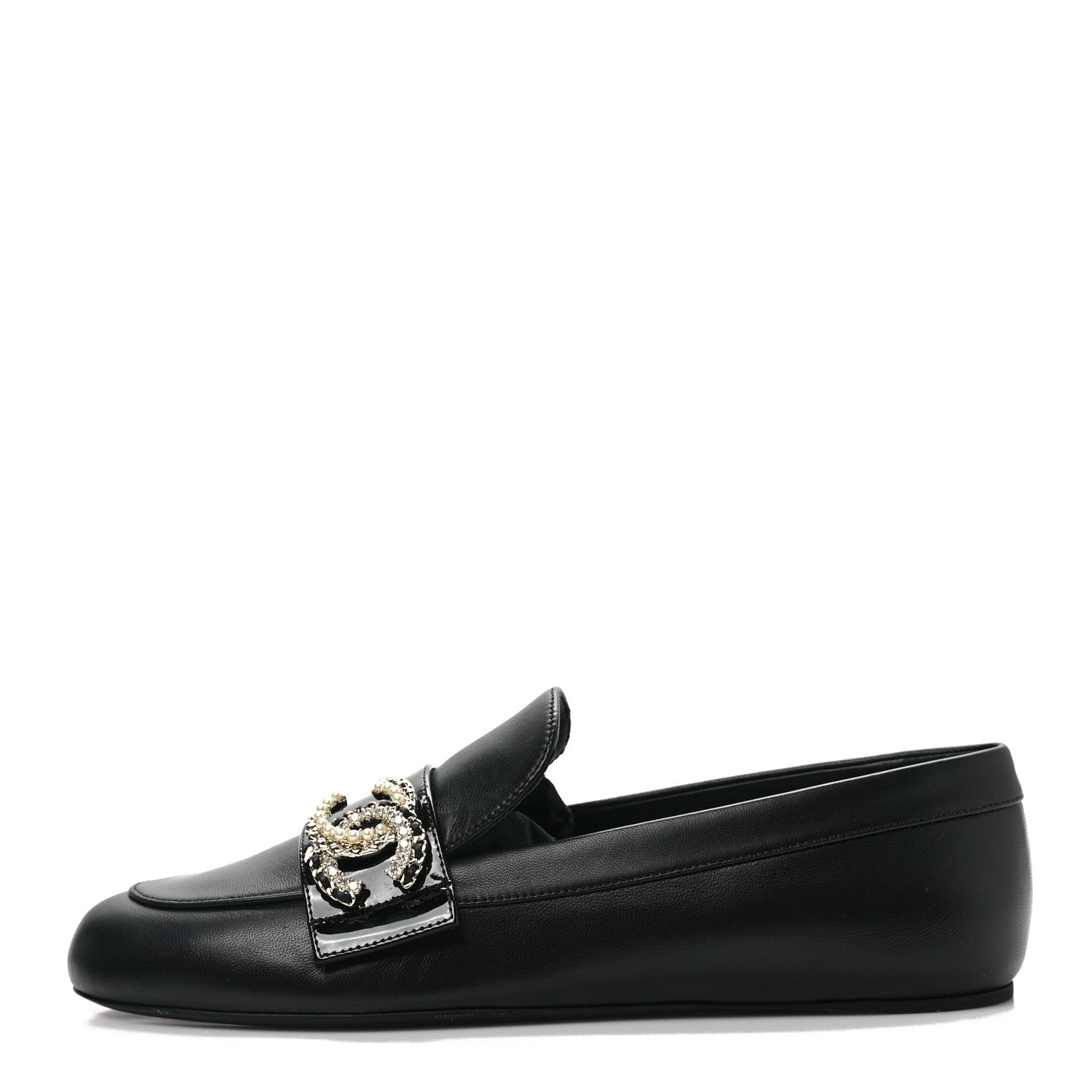 Chanel Patent Calfskin Lambskin Crystal CC Loafers 37.5 Black 1 of 9