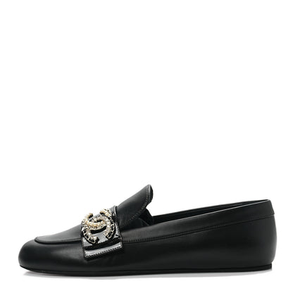 Chanel Patent Calfskin Lambskin Crystal CC Loafers 37.5 Black 1 of 9