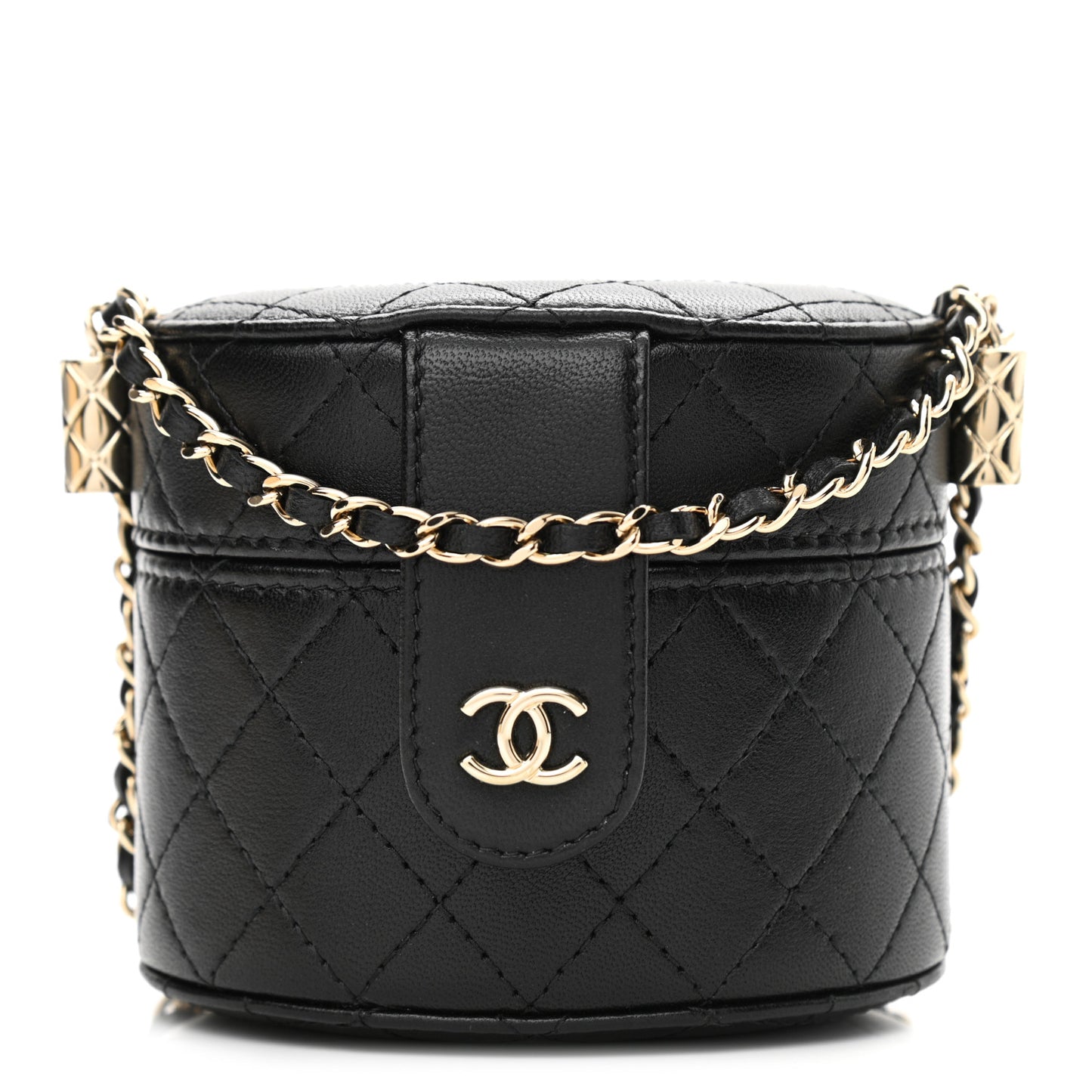 Lambskin Quilted Mini Round Vanity Case With Chain Black