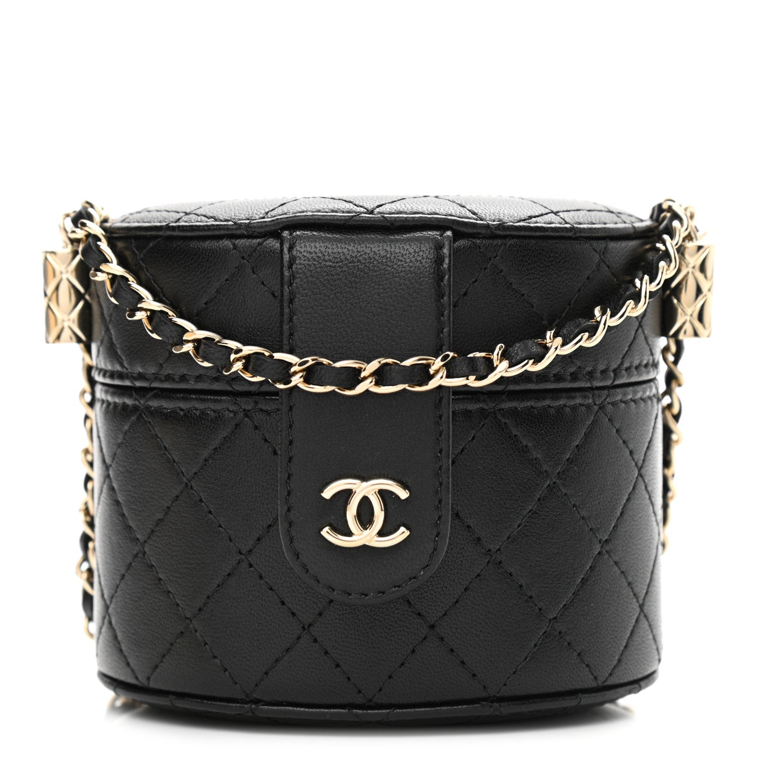 Chanel Lambskin Quilted Mini Round Vanity Case With Chain Black 1 of 11