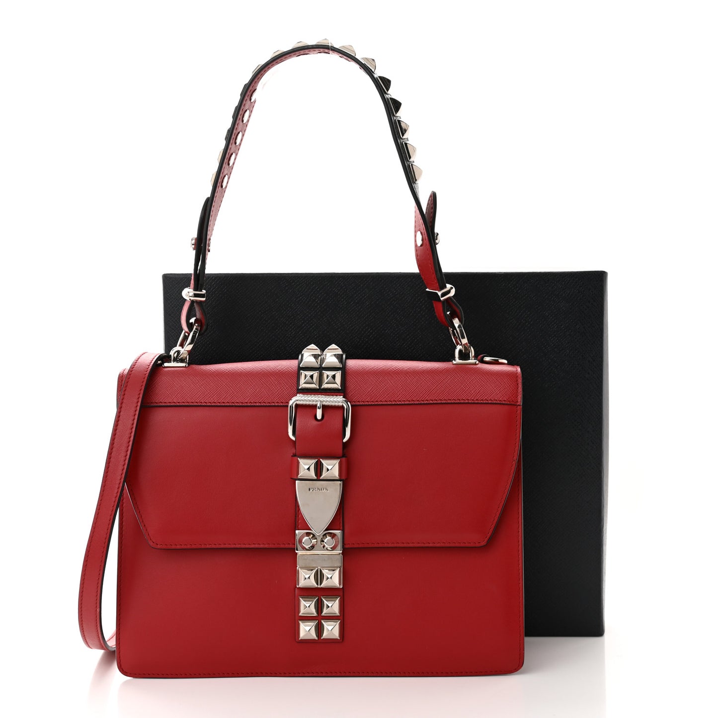 Saffiano City Calfskin Studded Elektra Shoulder Bag Fuoco Black