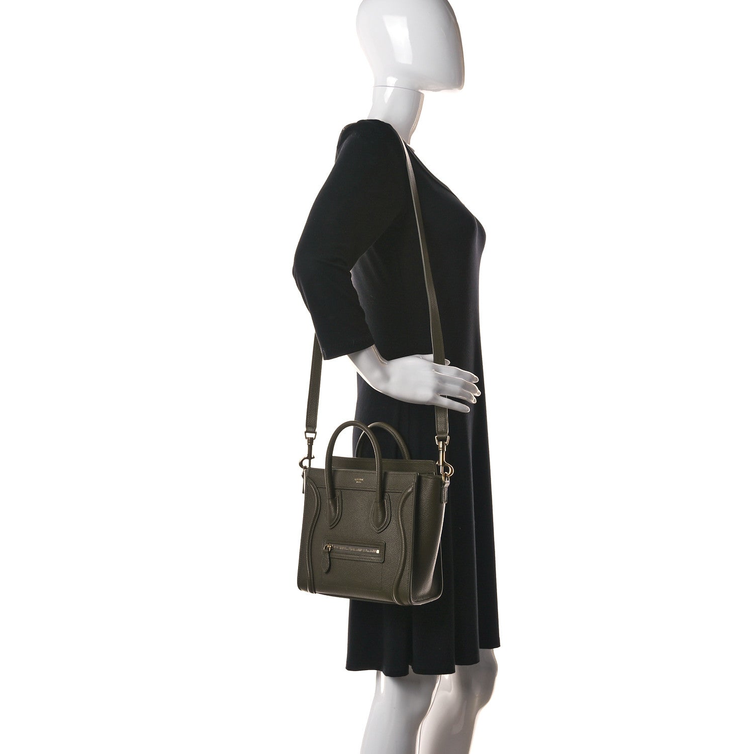 Celine Drummed Calfskin Nano Luggage Dark Olive 2 of 13