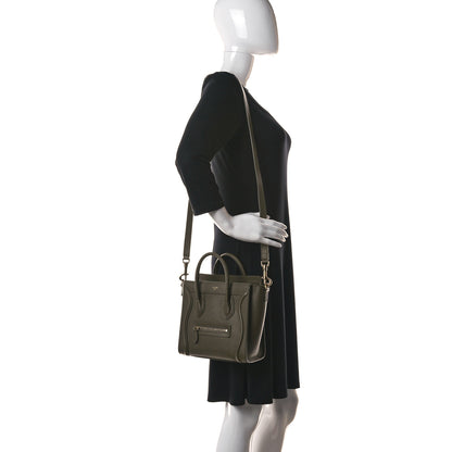 Celine Drummed Calfskin Nano Luggage Dark Olive 2 of 13