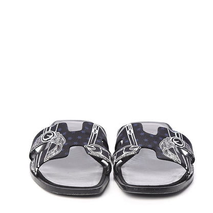 Hermes Silk Printed Eperon d'Or Oran Sandals 37.5 Black 2 of 7