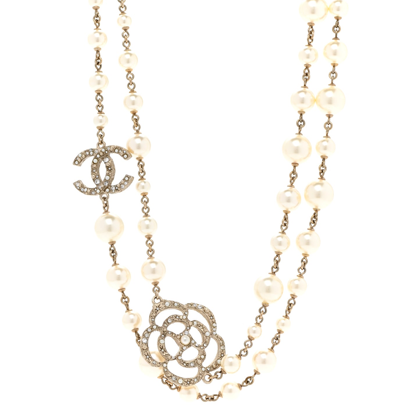 Pearl Crystal Camellia CC Necklace Gold