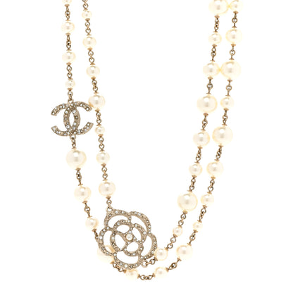 Chanel Pearl Crystal Camellia CC Necklace Gold 1 of 6