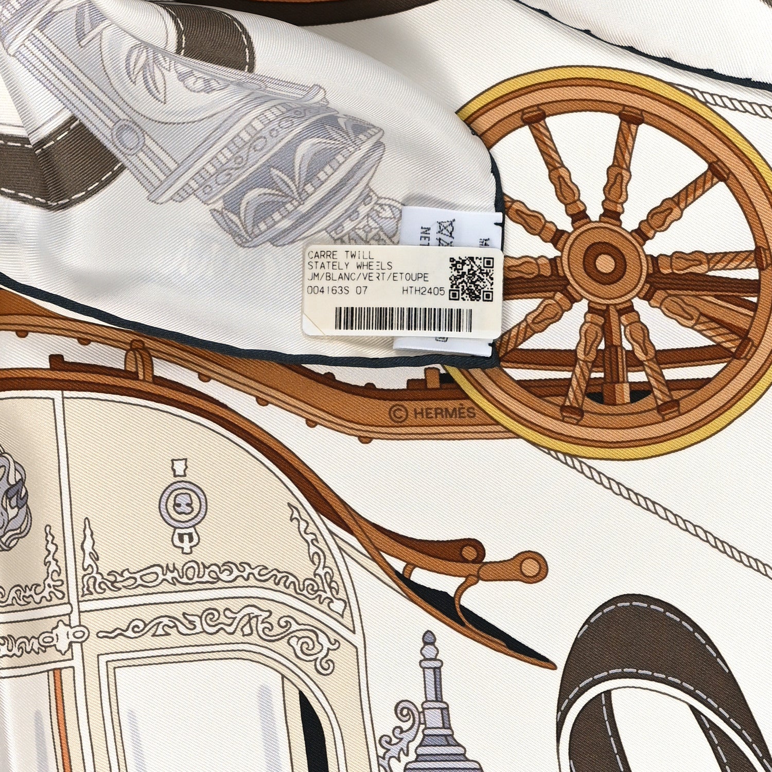 Hermes Silk Stately Wheels Scarf 90 White Vert Etoupe 1581451