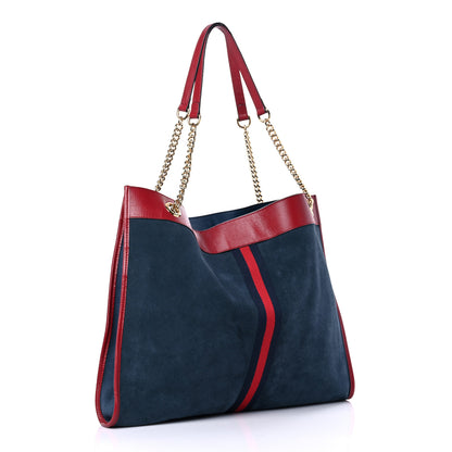 Gucci X MLB Suede Calfskin NY Yankees Large Rajah Chain Tote New Blue Romantic Cherry 3 of 19